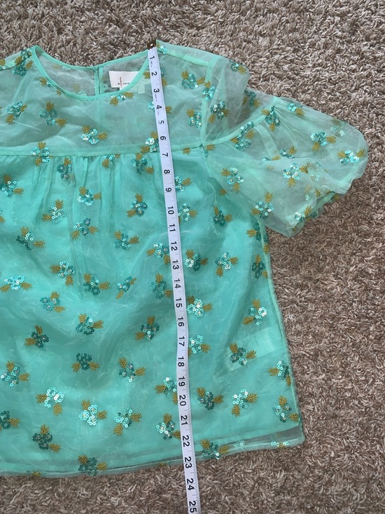 Anthropologie Sabine Beaded Sequin Mint Green Embroidered Puff Sleeve Blouse - Picture 7 of 11